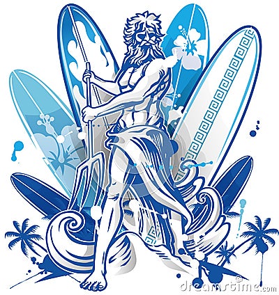 Poseidon surfer on surfboard background Vector Illustration