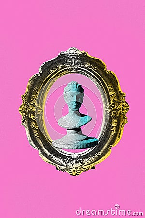 Poser. Contemporary art collage. Vintage antique statue bust in retro frame isolated pink background. Image in old paper Stock Photo
