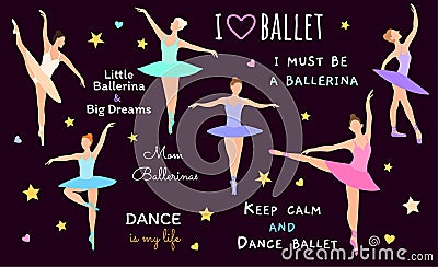 Poses of ballet: hand drawn people set. Big collection of dancing girls in flat style. Vector illustration with girls dancing. Cartoon Illustration