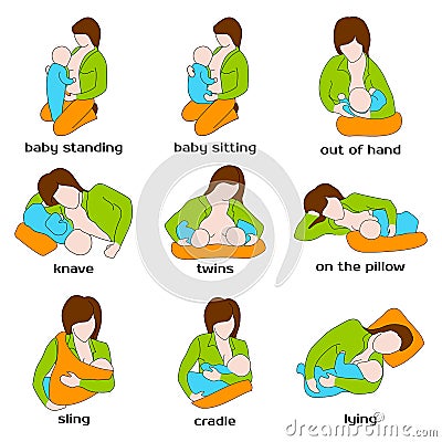 Poses for breastfeeding. Woman breastfeeding a Vector Illustration