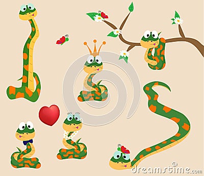 4 poses of cute nice snakes. Cartoon. Vector illustration Vector Illustration