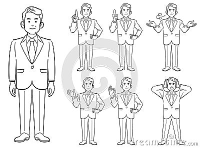 Poses of elderly businessman, Set of 7 types 1, line drawing Vector Illustration