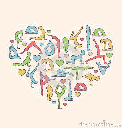 Poses Heart I Love Yoga on Beige Vector Illustration