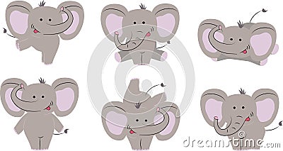 6 poses of nice cute elephant. Cartoon style. Vector illustration Vector Illustration