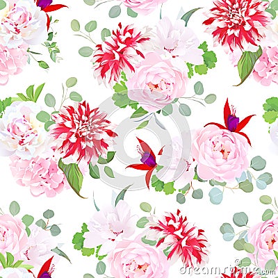 Posh motley dahlia, rose, hydrangea, fuchsia, hibiscus seamless Vector Illustration