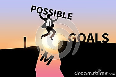 Businessman jumping over impossible and possible wording on cliff Vector Illustration