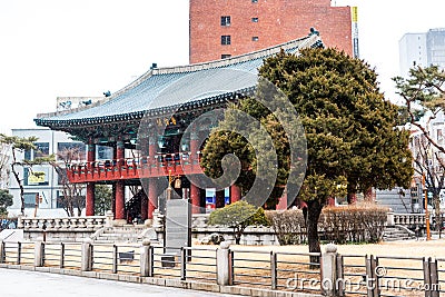 Posin`gak Bosingak in a snowy day in winter, a large bell pavilion on Jongno in Seoul, South Korea Editorial Stock Photo