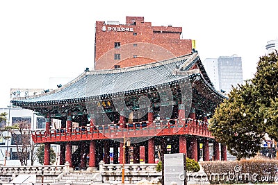 Posin-gak Bosingak in a snowy day in winter, a large bell pavilion on Jongno in Seoul, South Korea Editorial Stock Photo