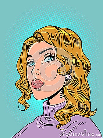 Posing female model in the new collection. Dream or think about something. The girl in the sweater looks away. Cartoon Illustration