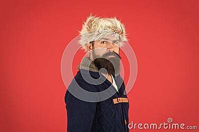 Posing for photo. bearded man ready for winter activity. get warm and comfortable. male fashion. serious trendy hipster Stock Photo