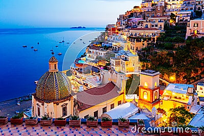 Positano, Amalfi Coast, Italy. Scenic view at dusk Stock Photo