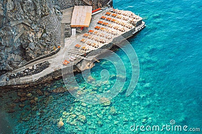 Positano Beach on the Amalfi Coast in Italy. Stock Photo
