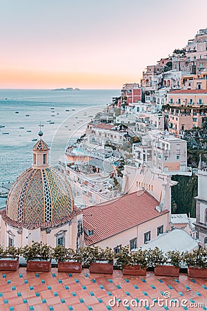 Positano at sunset, Amalfi Coast, Campania, Italy. Stock Photo