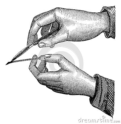 Position of the knife and grooved in the simple incision from within outwards, vintage engraving Vector Illustration