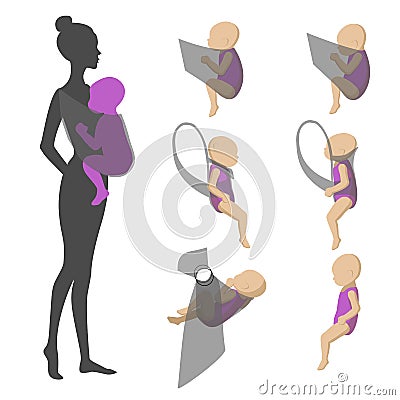 Positioning the baby in different baby carriers Vector Illustration