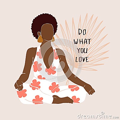 Positive african american woman doing yoga in a lotus position sits, meditates. Wellness Vector illustration Cartoon Illustration