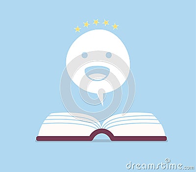 Positive book review vector illustration. Happy dialog bubble upon opened book. Vector Illustration