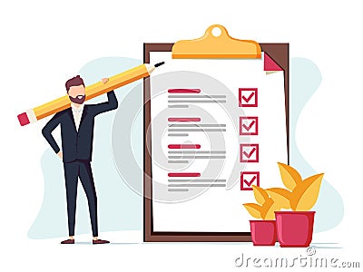Positive business man with a giant pencil on his shoulder nearby marked checklist on a clipboard paper. Vector Illustration