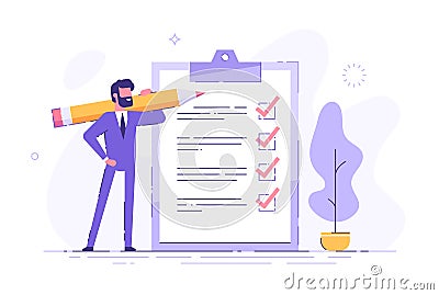 Positive business man with a giant pencil on his shoulder nearby marked checklist on a clipboard paper. Successful completion of Vector Illustration