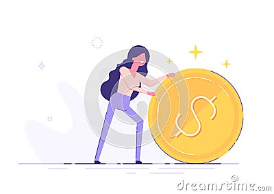 Positive businesswoman is rolling a huge golden dollar coin. Earning, saving and investing money concept. Flat vector illustration Vector Illustration