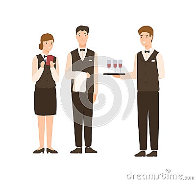 Positive cartoon people hotel staff standing isolated on white background. Smiling man and woman waiter in uniform Vector Illustration