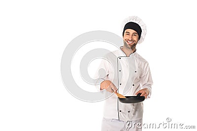 Positive chef holding frying pan and Stock Photo