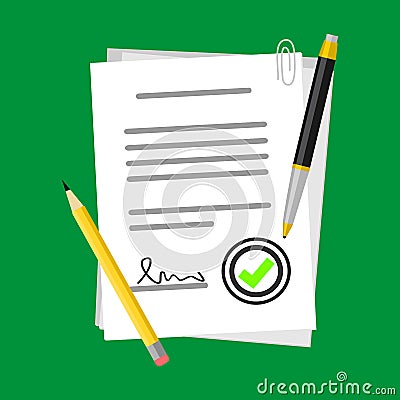 Positive Contract Vector Illustration on Paper Form Symbol With Pencil or Pen, Flat Icon Success Sign Vector Illustration