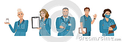 Positive doctors on a white background. A team of doctors. Health care. Vector illustration Vector Illustration
