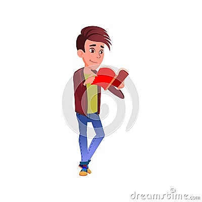 positive emotion boy teenager reading funny literature story cartoon vector Vector Illustration