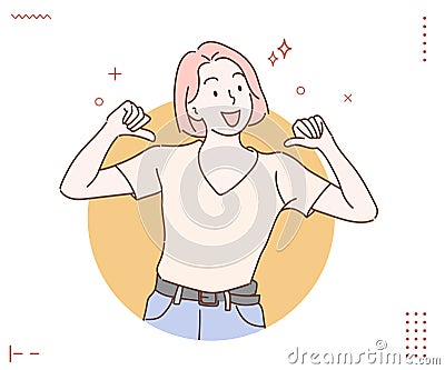 Positive emotions concept. Young woman feels proud and self confident. Hand drawn Vector Illustration