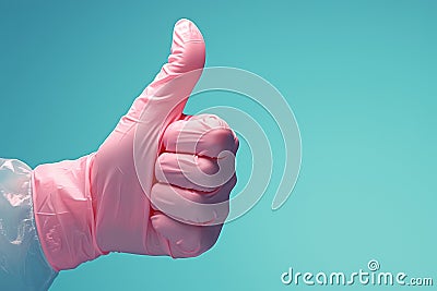 Positive feedback gesture Pink gloved hand showing a like on blue Stock Photo