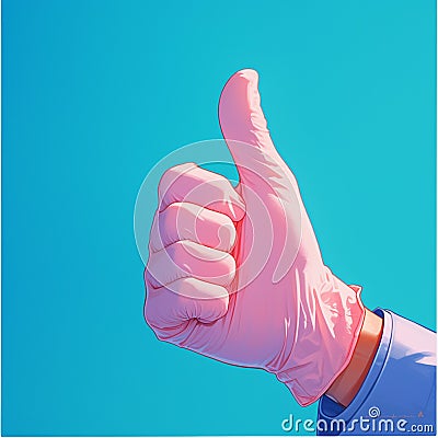 Positive feedback gesture Pink gloved hand showing a like on blue Stock Photo