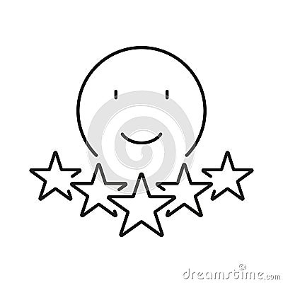 Positive Feedback Line Icon. Happy Emoticon Linear Pictogram. Five Stars Experience Outline Symbol. Customer Review Vector Illustration