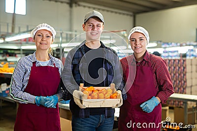 Positive fruit sorting factory workers standing with selected tangerines Stock Photo