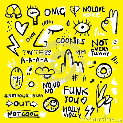 Positive and funny doodle sticker set in black, yellow and white colors. Hand drawn stickers with donut, eye, hearts Vector Illustration