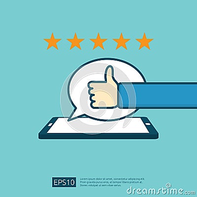 positive good review with hand thumb up symbol on phone social media notification. five stars service or product rate Vector Illustration