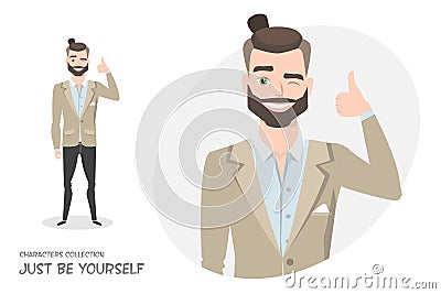 Positive guy smiling and recommended. Vector Illustration