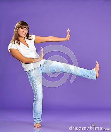 Positive happy jumping caucasian woman Stock Photo