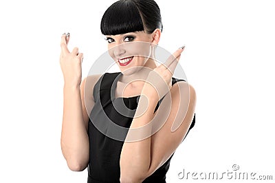 Positive Hopeful Wishful Happy Woman With Fingers Crossed Stock Photo