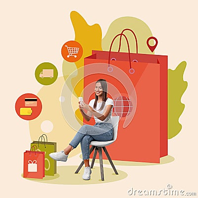 Positive lady using cellphone near giant shopping bag and ordering clothes online, enjoying black friday sale, collage Stock Photo