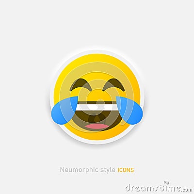 Positive laughs to tears emoticon in neumorphism style. Neumorphic emoji vector icon isolated on gray background. Vector Vector Illustration