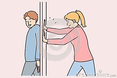 Positive man hides behind door preventing girlfriend from passing or arranging prank Vector Illustration
