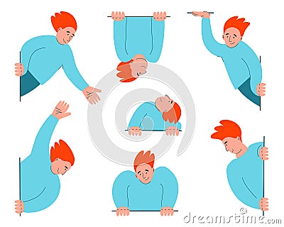 Positive man peeking with greeting gesture, saying hello, look here, waving his hand. Good character for sale banner to attract Vector Illustration
