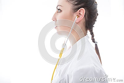 Positive medical doctor woman with stethoscope. Isolated white b Stock Photo