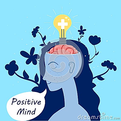 Positive Mind Girl with an open brain opens idea, bulb, a solution to a problem, mind wellness, relax. Positive thinking Vector Illustration