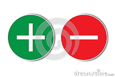 Positive negative plus minus assessment red green buttons with shadow. Simple concept pros cons dos dont list. Vector Illustration