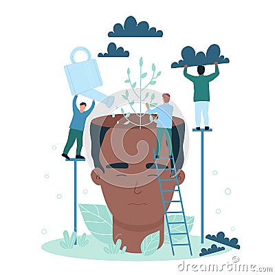 Positive optimistic mindset, tiny people protect environment inside abstract head Vector Illustration