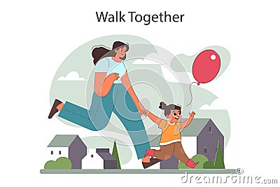 Positive parenting tips. Mom and child walk together on the street Vector Illustration
