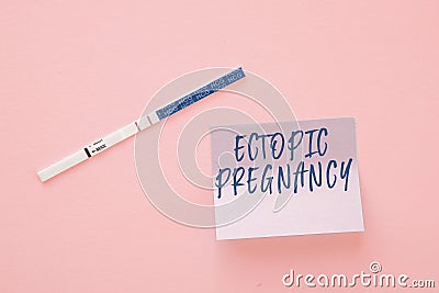 Positive pregnancy test and inscription ectopic pregnancy on sticker on pink background Stock Photo