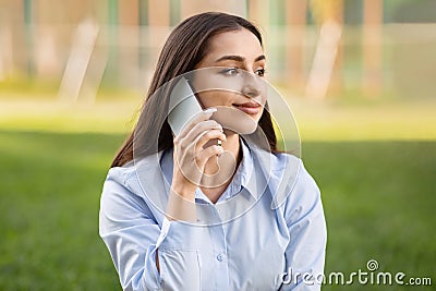 Positive pretty millennial european woman enjoy work conversation Stock Photo